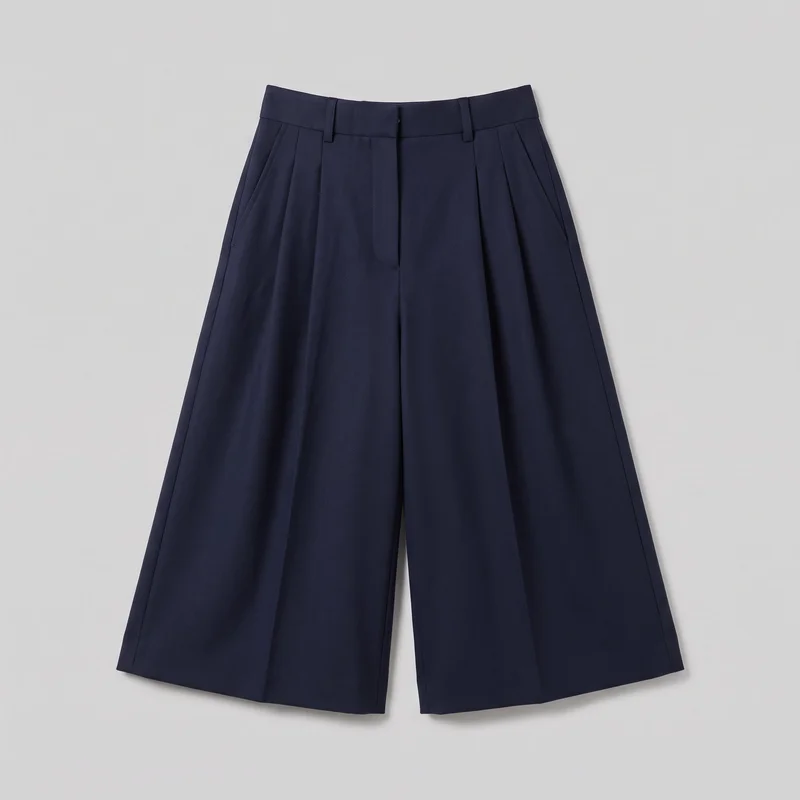 Navy high-rise pleated culottes shown alone in a front view. The trousers have a structured waistband with belt loops, a center fly placket, deep front pleats, pressed creases, angled side pockets, wide cropped legs, and straight hems.
