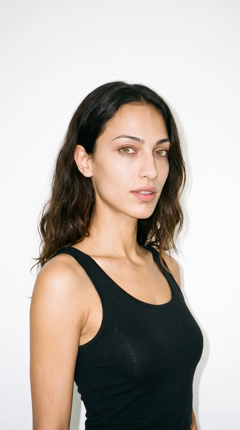 This 24-year-old Arab woman has medium olive skin with a greenish-golden undertone. Her face has an inverted-triangle shape, with a wider forehead that narrows toward the chin. She has medium-thickness eyebrows, hazel eyes with green-gold flecks, and full lips. Her dark-brown hair falls in soft waves with gentle movement.
