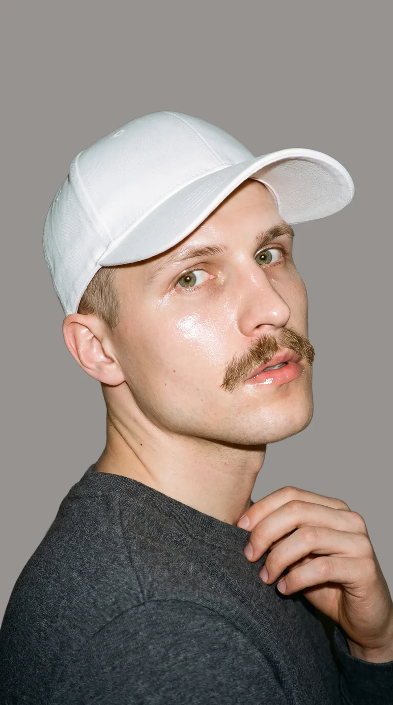 Men's White Baseball Cap, Selfie at Front, Studio Cutout lighting
