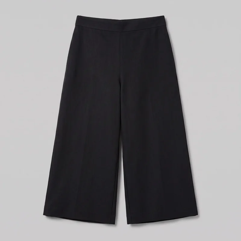 Black tailored culottes laid flat in a standalone front view. The trousers have a high-rise waist with a broad flat waistband, relaxed wide-leg shaping, cropped straight legs, straight hems, and a clean front with a central vertical seam or fly line; no external pockets or hardware are visible.