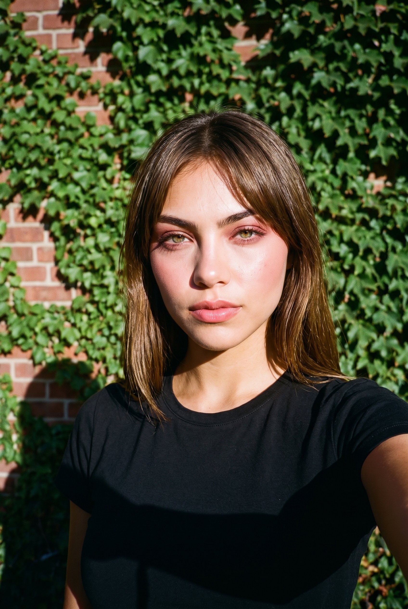 An 18-year-old Hispanic woman wearing a black T-shirt is shown in a front-facing selfie at head level with a neutral expression. An ivy-covered building forms the backdrop.