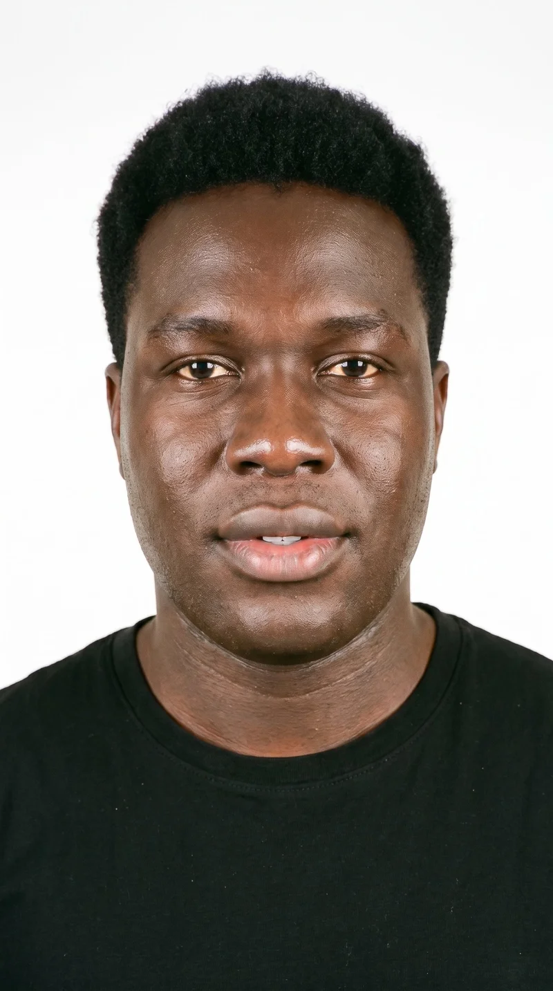 This 34-year-old African man has dark-brown skin with a warm-golden undertone. His triangle-shaped face has a wide jaw that narrows toward the forehead, emphasizing the lower face. He has medium-thick eyebrows, brown eyes, and very full lips. His black hair is styled in a taper, gradually shortened at the sides and neckline while retaining length on top. He is clean-shaven, with smooth skin across the entire face.