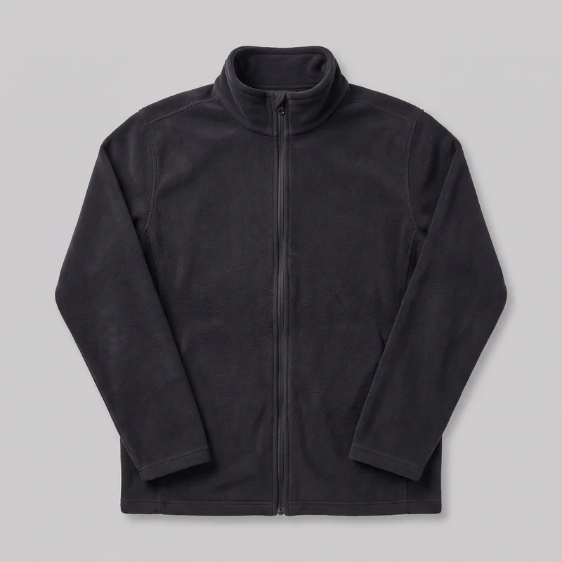 A mostly complete front view of a men's black fleece jacket shown as a standalone product. The jacket has a regular straight silhouette, long sleeves, a raised stand collar, a centered full-length zipper, visible shoulder and front panel seams, stitched cuffs, and a straight stitched hem. Its exterior has an even plush texture, with no visible pockets, logos, prints, patches, embroidery, or embellishments.