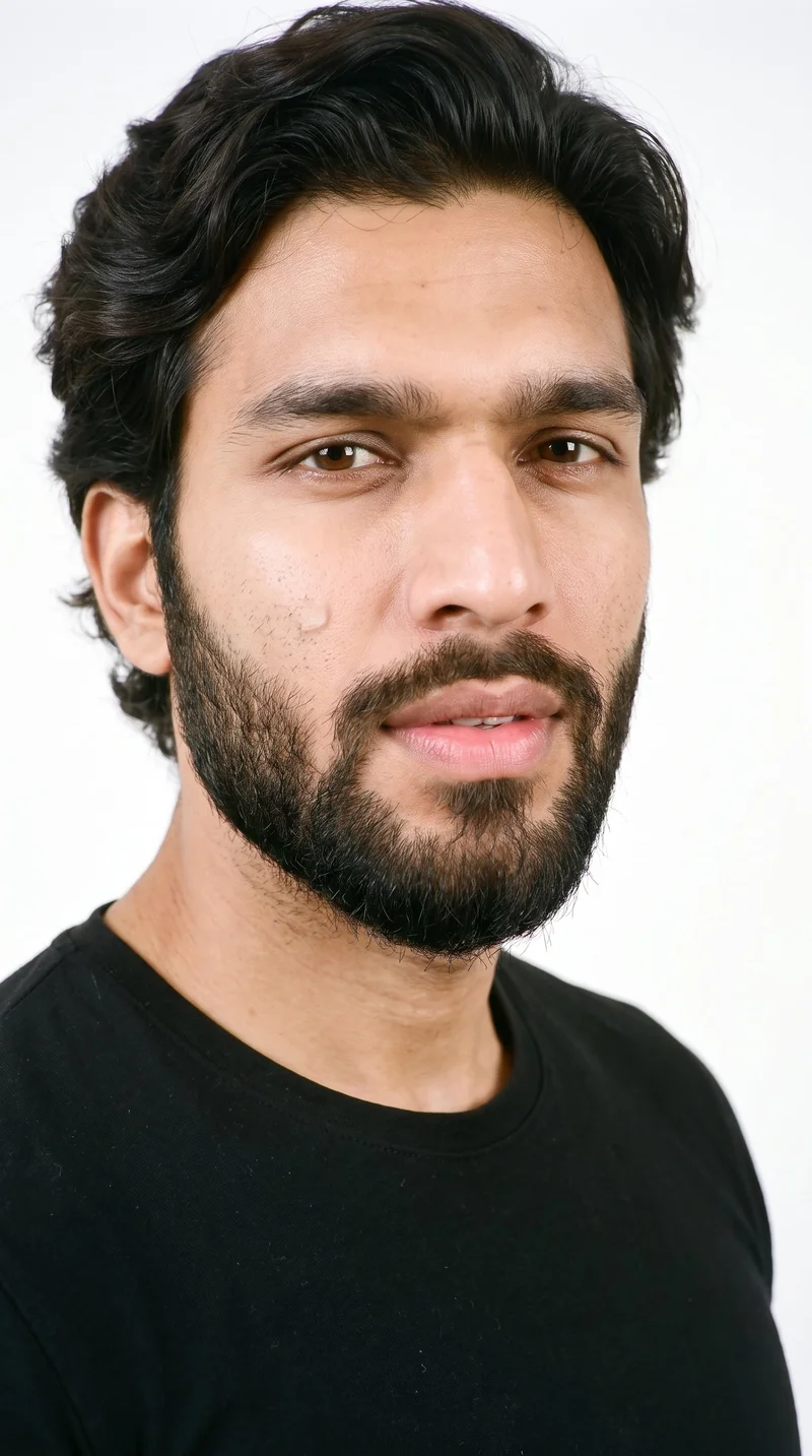 A 26-year-old Indian man with a medium skin tone and neutral undertone. His square face has a broad forehead and a strong, defined jaw, creating an angular, structured appearance. He has medium-thickness eyebrows, amber eyes, and very full lips. His brown hair is styled in soft waves with gentle movement, and he has a full beard grown evenly and continuously across the cheeks, jaw, and chin.