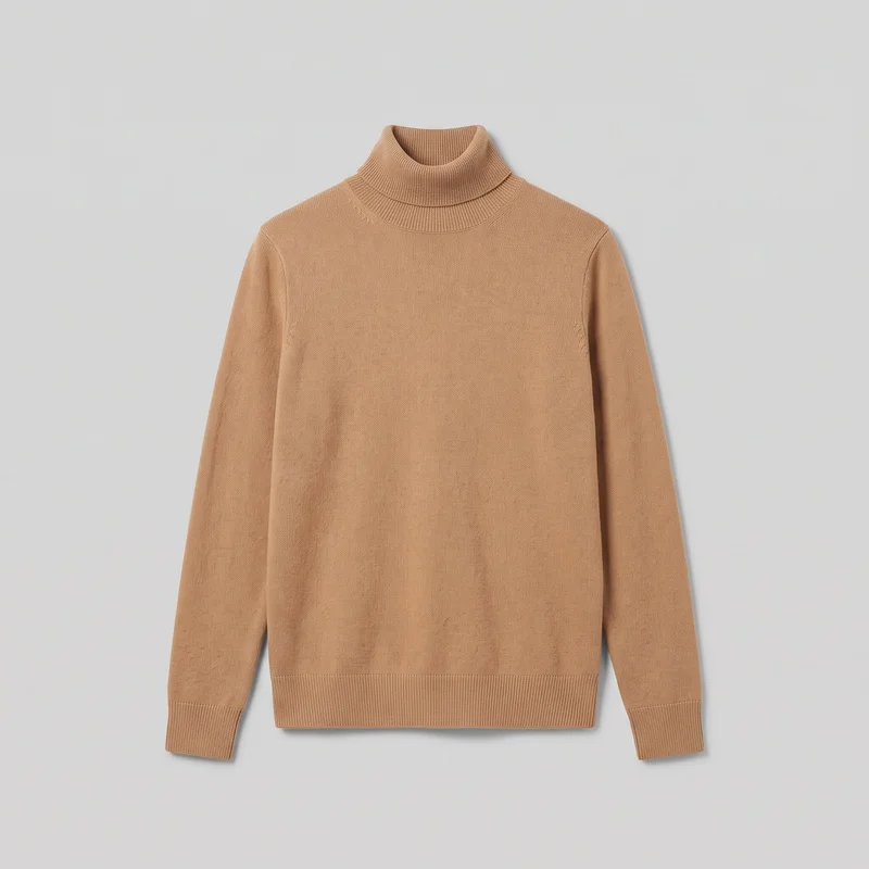 A camel-colored women's pullover sweater is laid flat in a standalone front view. It has a regular straight silhouette, full-length body, folded ribbed roll-neck, sloped shoulder seams, long straight sleeves, a smooth fine-knit surface, and ribbed cuffs and straight bottom hem. No closures, pockets, logos, prints, patches, embroidery, or embellishments are visible.