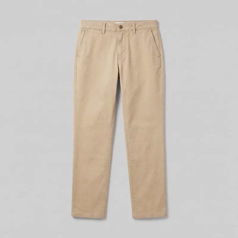 Women’s khaki chino trousers shown in a complete front flat-lay view. The trousers have a flat front, regular slightly tapered silhouette, mid-rise waistband with belt loops and a single visible button, a central fly placket seam, two angled front slash pockets, vertical side seams, and full-length legs ending in straight stitched hems.
