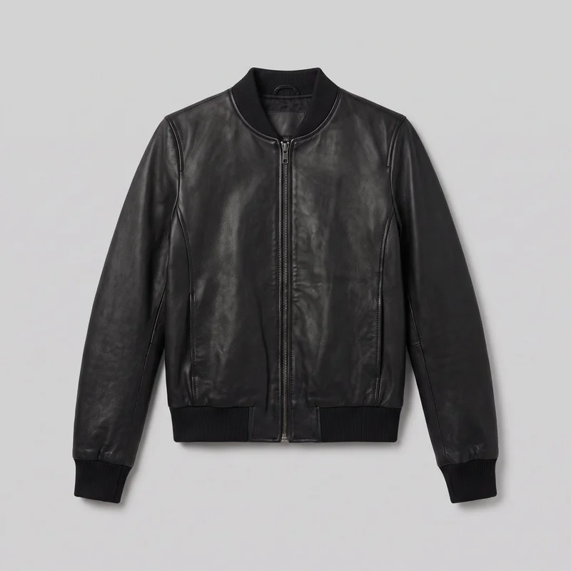 Black leather bomber-style jacket shown alone in a standalone front view against a simple backdrop. The waist-length jacket has a regular fit, full-length sleeves, a ribbed stand collar, ribbed cuffs, and a ribbed waistband hem, with a centered full-length metal zipper and shaped vertical front panel seams.