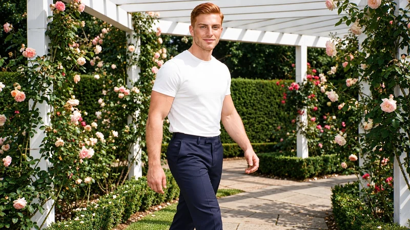 An 18-year-old Caucasian male model wears navy wool tailored trousers in a three-quarter-length, angled-front view while walking. The natural-expression photograph uses a Rose Garden Pergola as the backdrop.