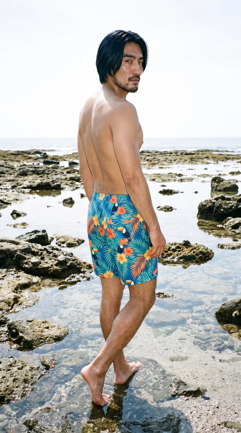 A 35-year-old Japanese man wears tropical print board shorts in a full-body view from behind at an angle, with his ankles crossed. Tidal pool rocks form the backdrop.