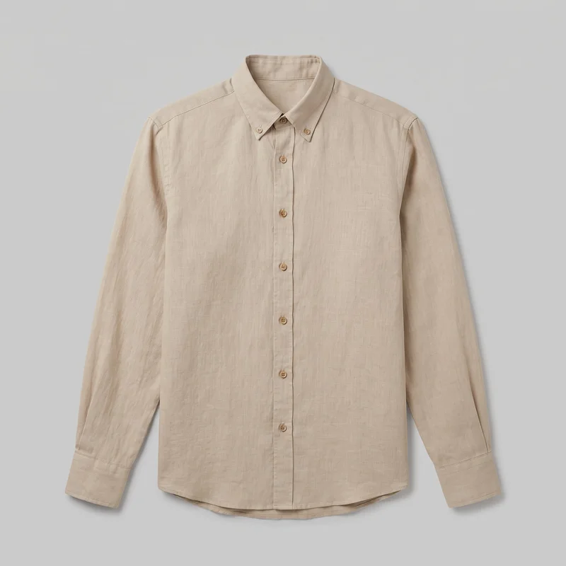 A beige linen long-sleeve button-up shirt is laid flat in a mostly complete front view. It has a pointed button-down collar, full front button placket, standard shoulder seams, plain front panels without chest pockets, long sleeves with cuffs, visible topstitching, and a curved shirttail hem.