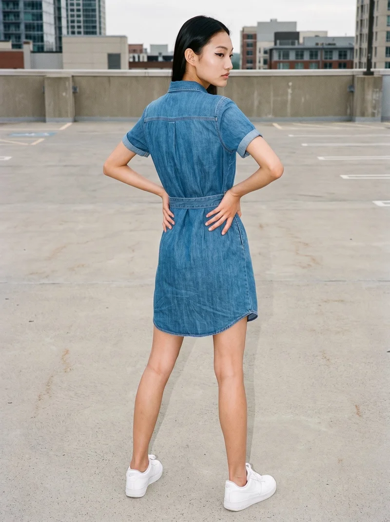 A 24-year-old Korean woman models a denim shirt dress in a full-body, angled rear view with her hands on her hips. A parking garage rooftop forms the backdrop.