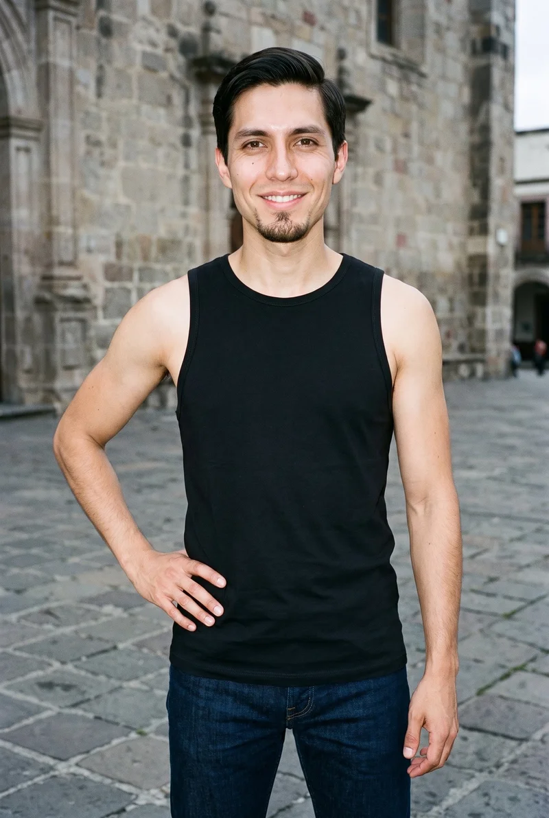 A 29-year-old Hispanic man wears a black vest in an upper-body front view. He is smiling with one hand on his hip, against a town square backdrop.