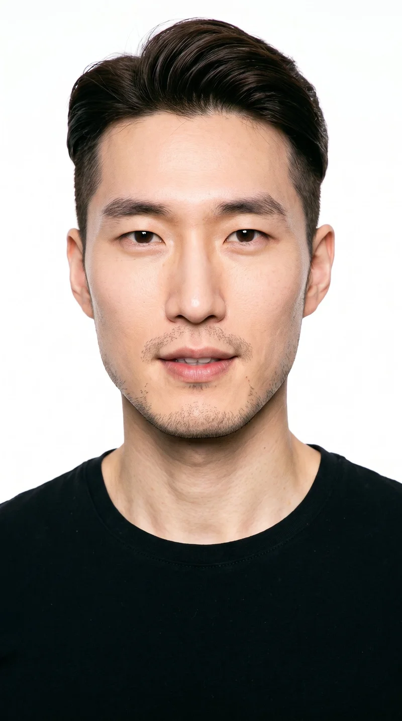 A 33-year-old Korean man with East Asian facial features has fair skin with a warm yellow undertone and a square, angular face defined by a strong jaw and broad forehead. His medium-thickness eyebrows frame brown eyes, and he has thin lips. His dark-brown hair is styled in an undercut, with longer hair on top and markedly shorter sides and back. Fine, closely trimmed light stubble lightly covers the beard area.
