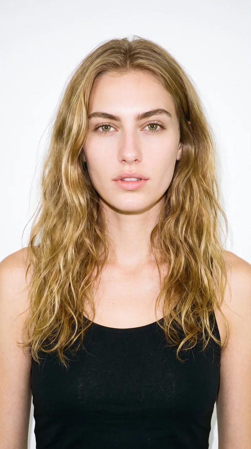 A 25-year-old Caucasian woman with pale skin and a warm golden undertone. Her face has balanced oval proportions and a softly rounded jaw. She has thick eyebrows, green eyes, and full lips. Her warm honey-blonde hair falls in loose, slightly tousled waves with natural volume.