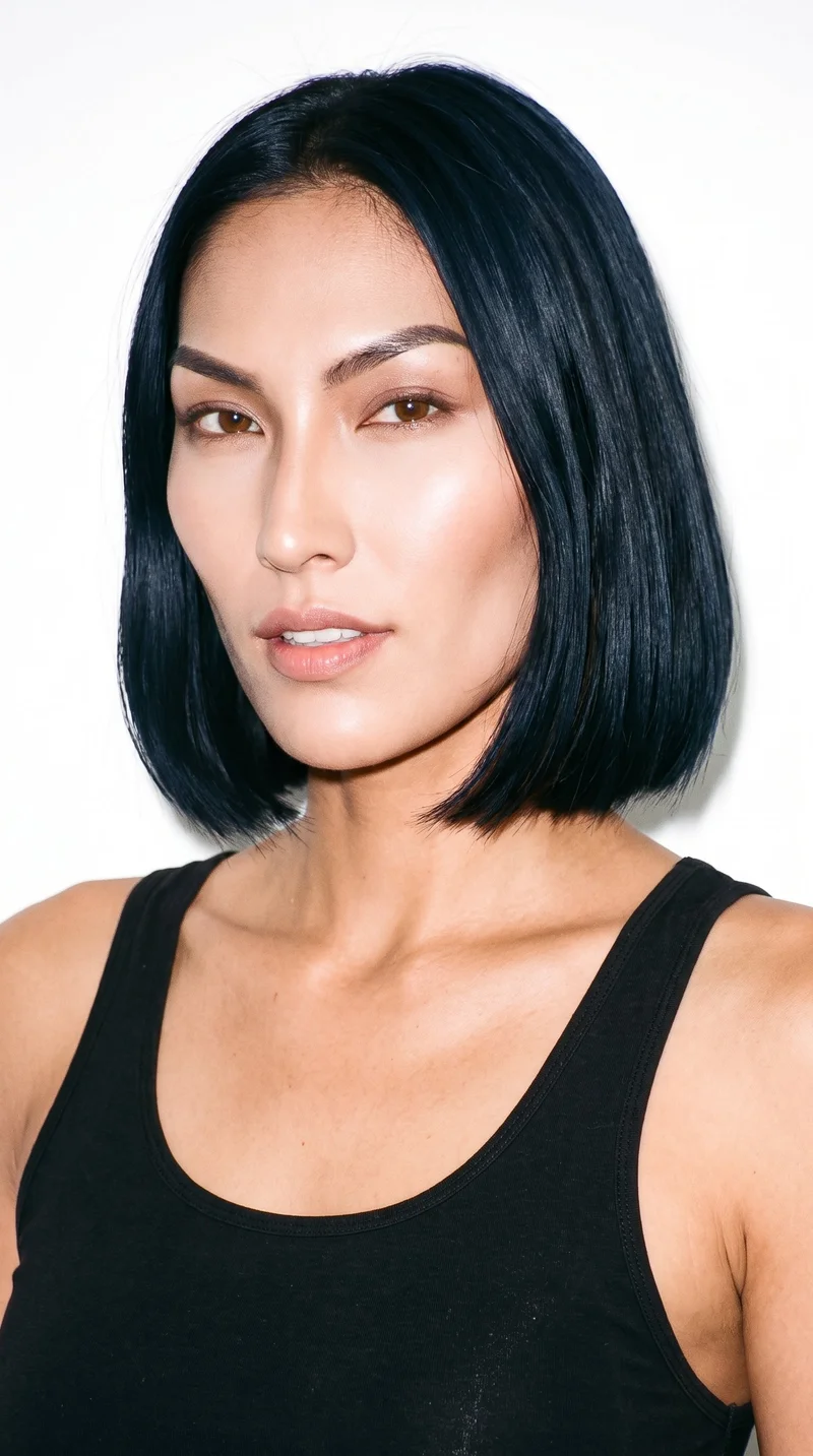 A 24-year-old Indigenous American woman with lightly tanned skin and a red-copper undertone. Her diamond-shaped face has a narrow forehead and jaw, with the greatest width at the cheekbones. She has medium-thickness eyebrows, brown eyes, and medium-sized lips. Her deep black hair is styled in an even, structured bob cut from jaw to chin length.