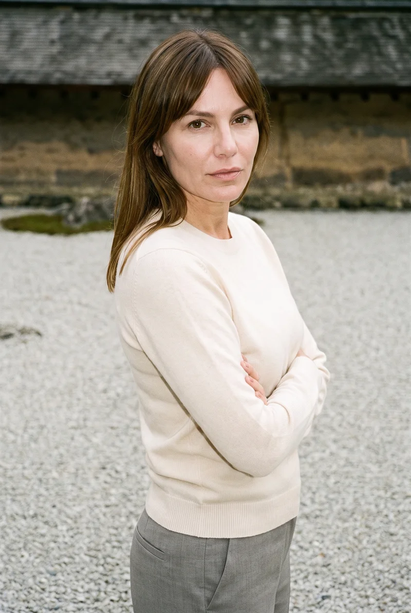 A 44-year-old Caucasian woman wears a cream cashmere knit, shown from the upper body at a front three-quarter angle with her forearms folded. Her confident expression faces the camera, with a Kyoto temple garden backdrop.