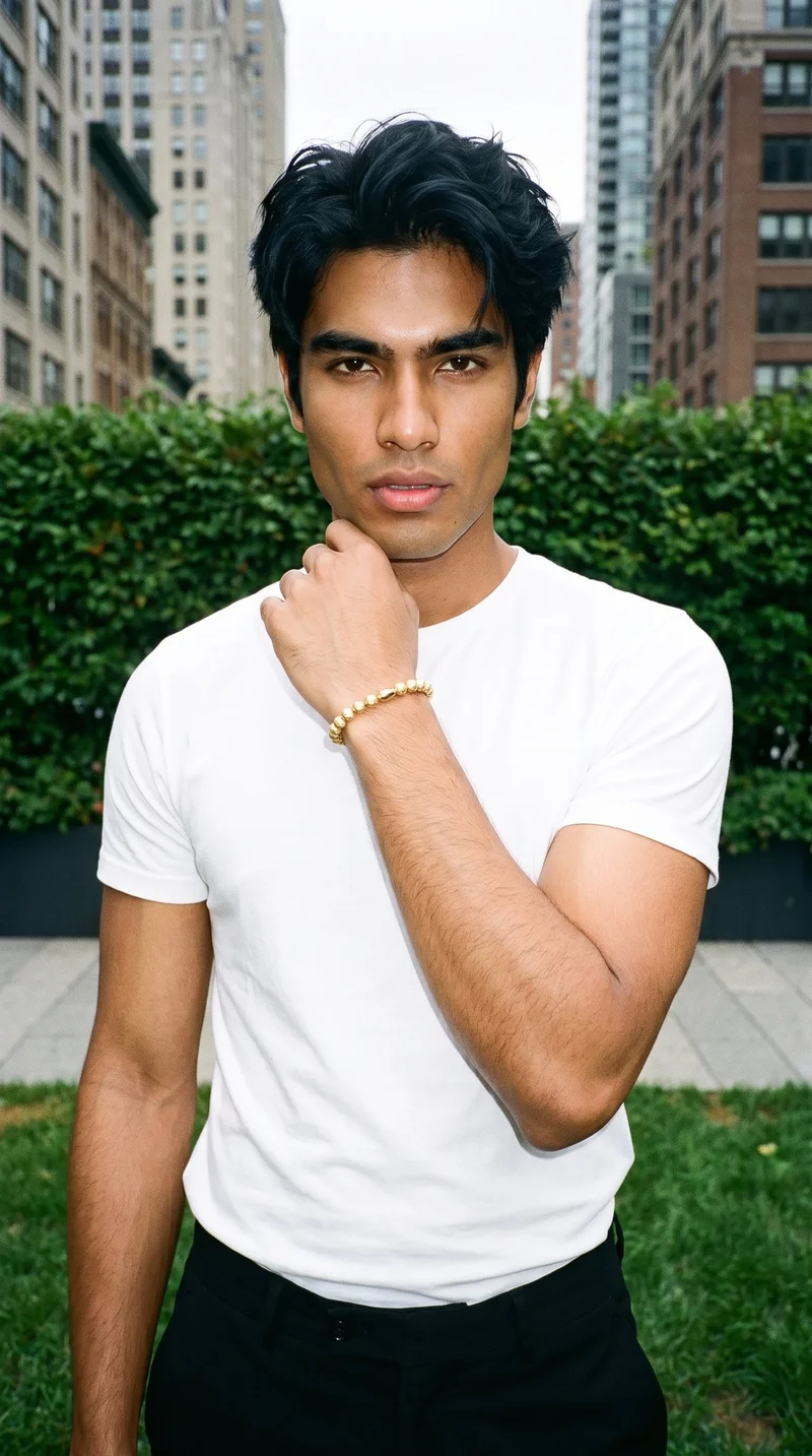 A 23-year-old Southeast Asian man is shown in an upper-body front view with his wrist raised beside his jaw, displaying a men's gold beaded bracelet. The elevated park railway appears as the backdrop, and he has a confident expression.