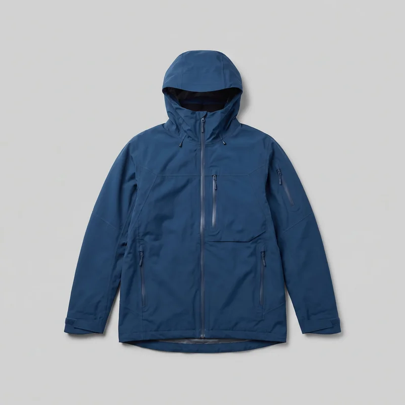 A men's blue waterproof ski jacket is laid flat in a mostly complete front view. The hooded jacket has a high stand neck, full-length center zipper, long sleeves, angled panel seams, a vertical zip chest pocket, two lower zip hand pockets, and a zip pocket on the upper sleeve. Adjustable cuff tabs and the slightly extended curved back hem are visible.
