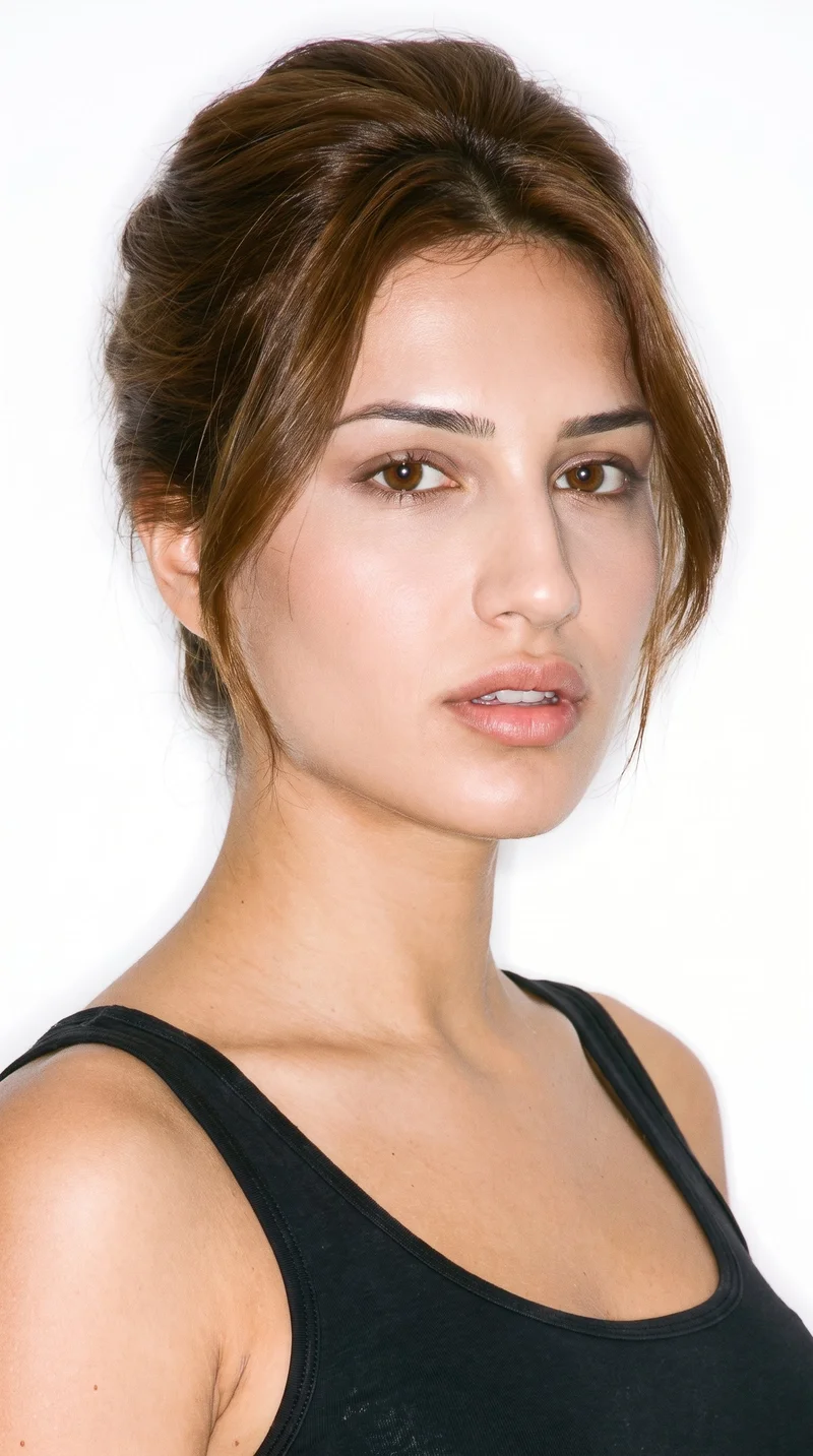An 18-year-old Turkish woman with lightly tanned skin and an olive-green undertone. Her triangular face has a broad jaw that narrows toward the forehead, emphasizing the lower face. She has thick eyebrows, very dark near-black eyes, and full lips. Her chestnut-brown hair has a reddish undertone and is pinned up off the neck in a formal styled updo.
