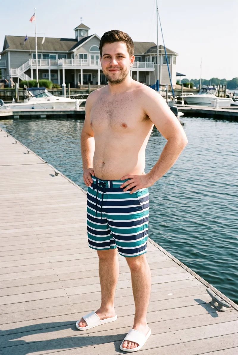 A 26-year-old Caucasian man is shown full body from an angled front view, smiling with his hands on his hips while wearing striped board shorts. A Yacht Club backdrop is visible behind him.