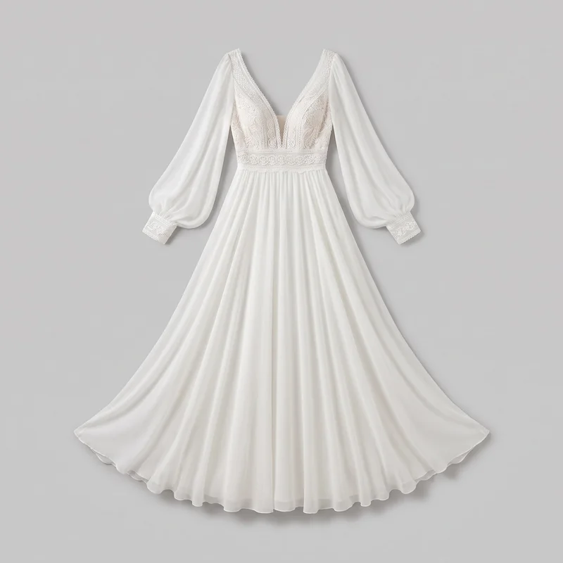 A women’s full-length bohemian chiffon wedding dress is shown laid flat from the front against an unspecified backdrop. It has a fitted lace-covered bodice with a deep V neckline edged in lace, broad lace shoulder straps, a wide lace waistband, and long sheer bishop sleeves gathered into lace cuffs. The skirt falls in dense vertical gathers from the waist into a full flowing A-line shape with a sweeping scalloped hem.