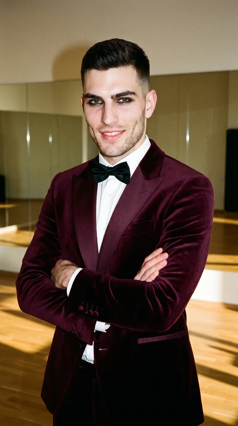 A 21-year-old Caucasian man wears a burgundy velvet tuxedo in an upper-body view, facing the camera at a front three-quarter angle with his forearms folded and a smile. A yoga studio serves as the backdrop.