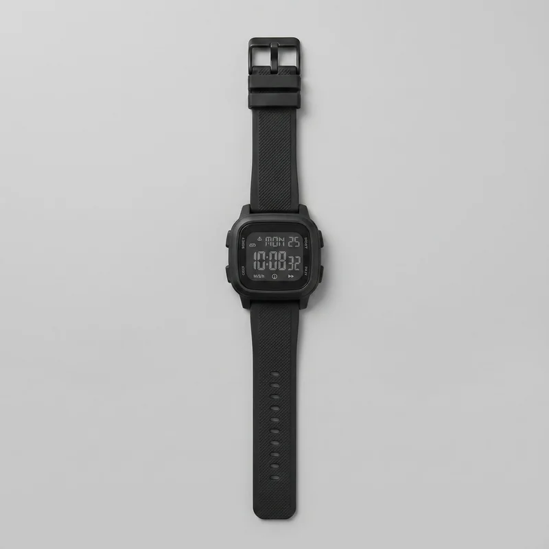 A black digital wristwatch is shown laid flat in a top-down view with its full straight strap extended vertically. The watch has a rounded-square case, a raised bezel around the rectangular display, side push buttons, textured strap sections, oval adjustment holes, a rectangular prong buckle, and two keeper loops. The display contains segmented numerals, day/date text, and small interface icons and labels.