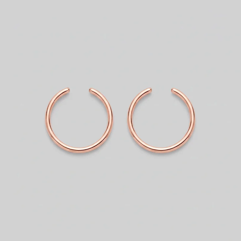 A pair of rose gold open hoop earrings is shown as a standalone product. Each earring has a smooth, rounded tubular profile forming an almost circular C-shape, with a narrow gap at the top and blunt rounded tips facing inward. The full silhouettes are visible, with no visible posts, hinges, clasps, stones, logos, prints, or other embellishments.