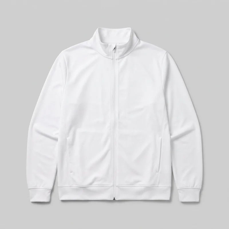 A white men's full-zip track jacket is shown laid flat in a standalone front view. It has a straight regular silhouette, a raised stand collar, long set-in sleeves, a centered zipper extending from the hem to the collar, vertical front seam lines, two lower pockets integrated into the side-panel seams, banded cuffs, and a banded bottom hem. No logos, prints, patches, embroidery, or embellishments are visible.
