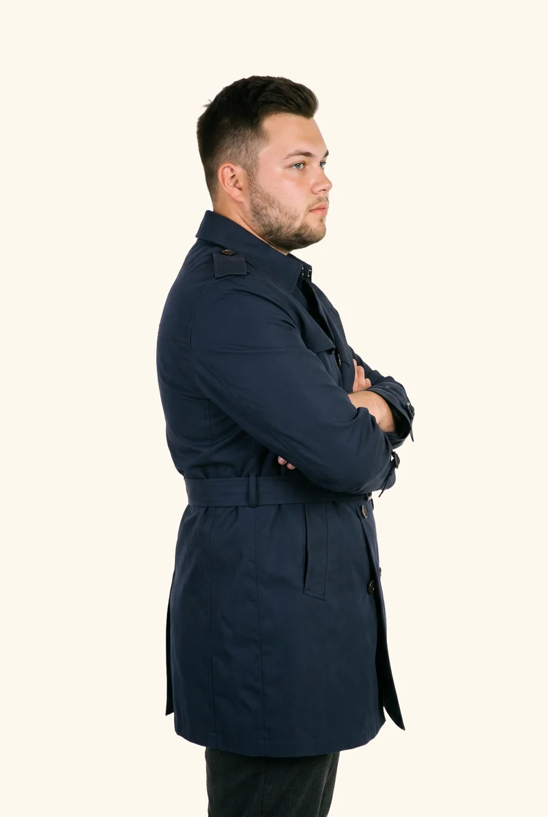 Men's Navy Trench Coat, Three-quarter length at Side, Studio Cutout lighting