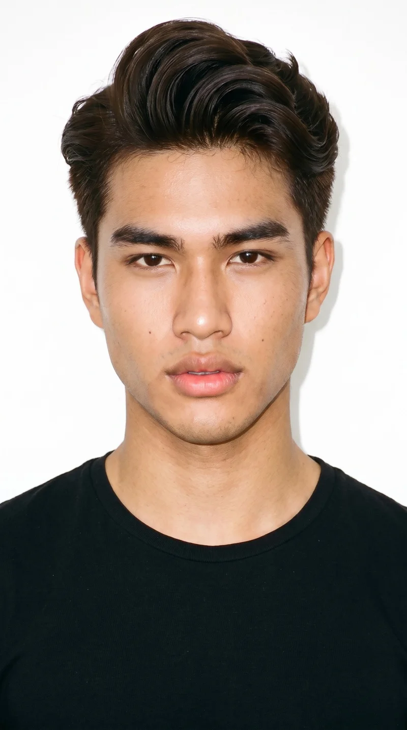 An 18-year-old Southeast Asian male with honey skin and a warm golden undertone. His long face has more length than width, with a tall forehead and elongated cheeks. He has thick eyebrows, very dark near-black eyes, and very full lips. His dark-brown hair is styled in a quiff, swept up and back at the front with shorter sides. He is clean-shaven, with smooth skin across the entire face.