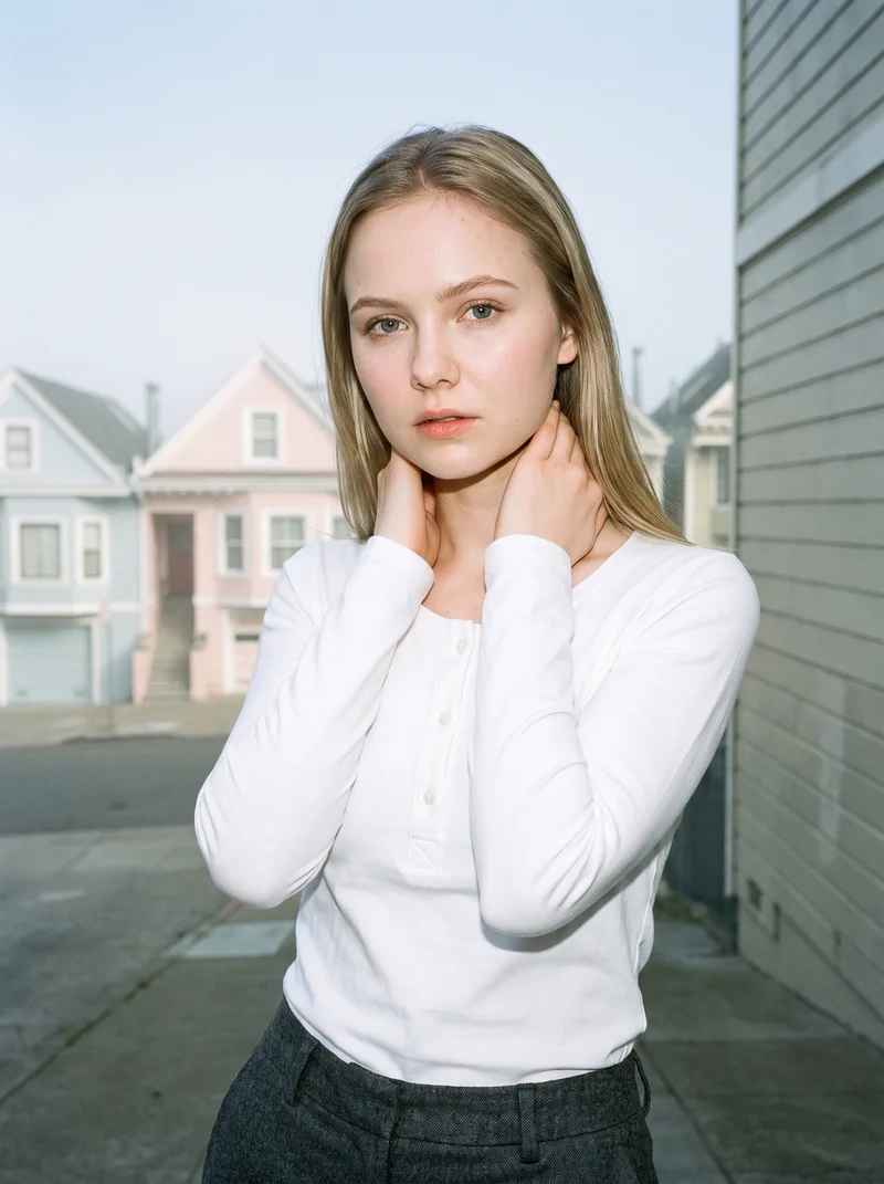 A 20-year-old Slavic woman wears a white henley top in an upper-body front three-quarter view, with her hands placed on her neck. A Sunset District fog houses backdrop is visible behind her.