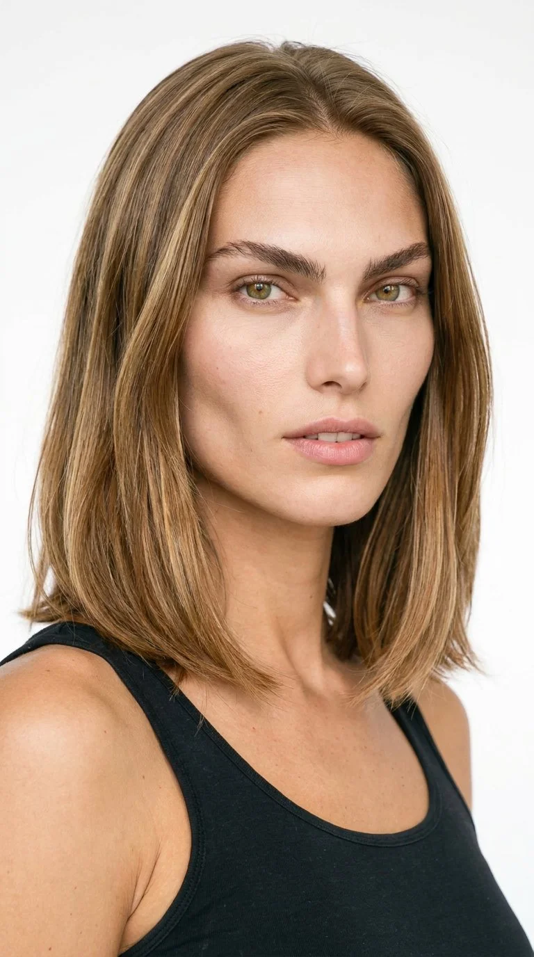 This 25-year-old Caucasian woman has lightly tanned fair skin with a warm golden undertone. Her face is angular, with sharp, defined cheekbones and jawline. She has thick eyebrows, amber eyes with a golden tone, and thin lips. Her light-brown hair is styled in a long bob that falls between her chin and shoulders.