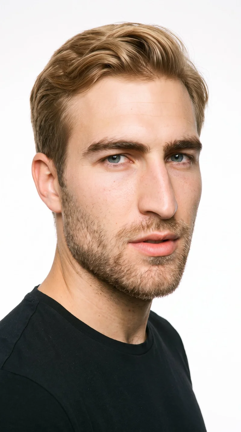This 25-year-old Caucasian man has fair skin with a warm golden undertone and a weathered face with characterful, strongly defined features. His eyebrows are thick, and his eyes are blue with a cool undertone. He has full lips and warm golden-blonde hair cut in a taper, gradually shortened at the sides and neckline while retaining length on top. Short, even three-day beard growth adds a clearly visible, closely groomed texture.