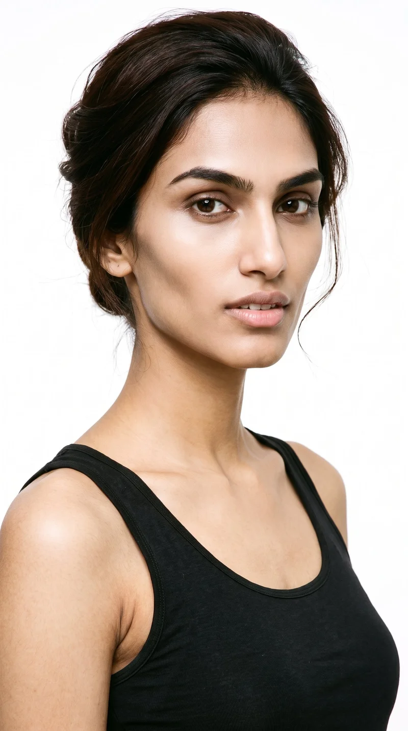 An 18-year-old Indian woman with a medium, evenly warm olive-green undertone to her skin. Her face has an angular structure with sharp, defined cheekbones and jawline. She has medium-thickness eyebrows, near-black eyes, and medium lips. Her dark-brown hair is pinned up off the neck into a formal styled updo.