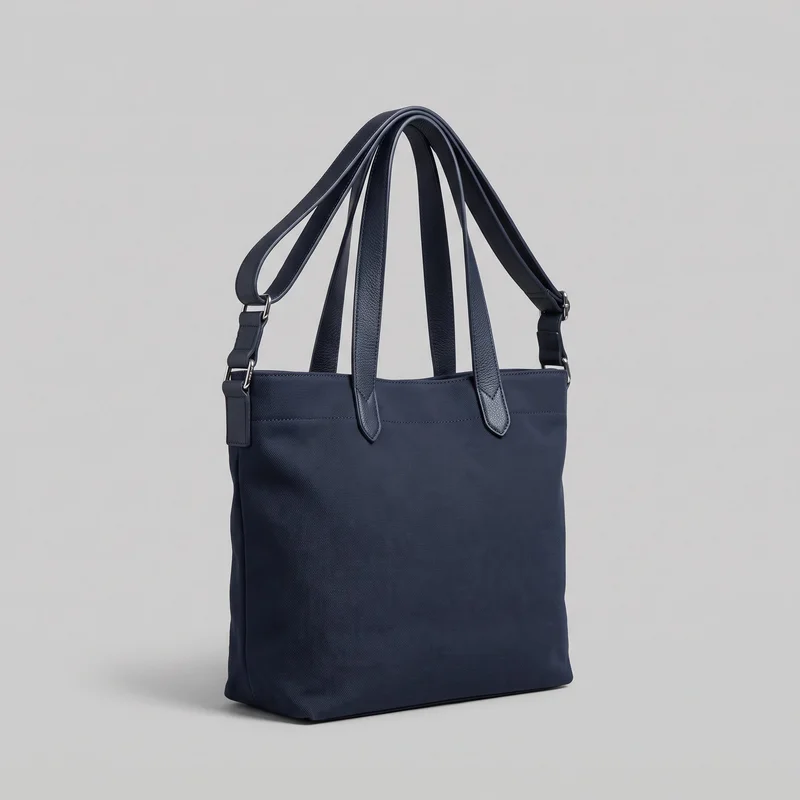 A navy structured vertical tote bag stands upright in a clear three-quarter view. It has a rectangular body, flat base, two top handles, side gussets, and a separate adjustable shoulder strap attached to metal clips and rings on both sides. The woven main body is paired with smoother trim, stitched handle anchor tabs, a horizontal seam band near the top edge, and reinforced side tabs on a clean, unprinted surface.