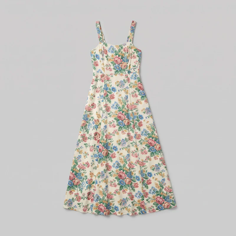 A complete flat-lay view shows a women's sleeveless floral-print maxi dress with wide fixed shoulder straps and a shallow square neckline with softened corners. The fitted bodice has visible vertical shaping seams and joins the long A-line skirt at a defined horizontal waist seam; the skirt flares to a straight hem. Clustered flowers, leaves, and stems form an all-over botanical print, with no visible pockets, exterior closures, logos, or other embellishments.
