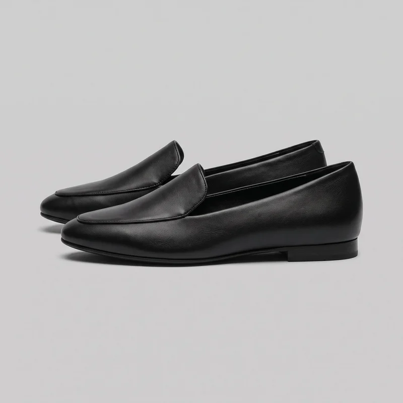 A complete pair of women's black leather loafers is shown in an angled side view against an unspecified backdrop. The slip-on flats have closed-foot silhouettes, elongated rounded-square toes, low vamp openings, raised apron panels extending onto the tongues, piped edging around the aprons and toplines, closed backs, shallow stacked block heels, and slim outsoles. No laces, buckles, logos, prints, patches, embroidery, or embellishments are visible.