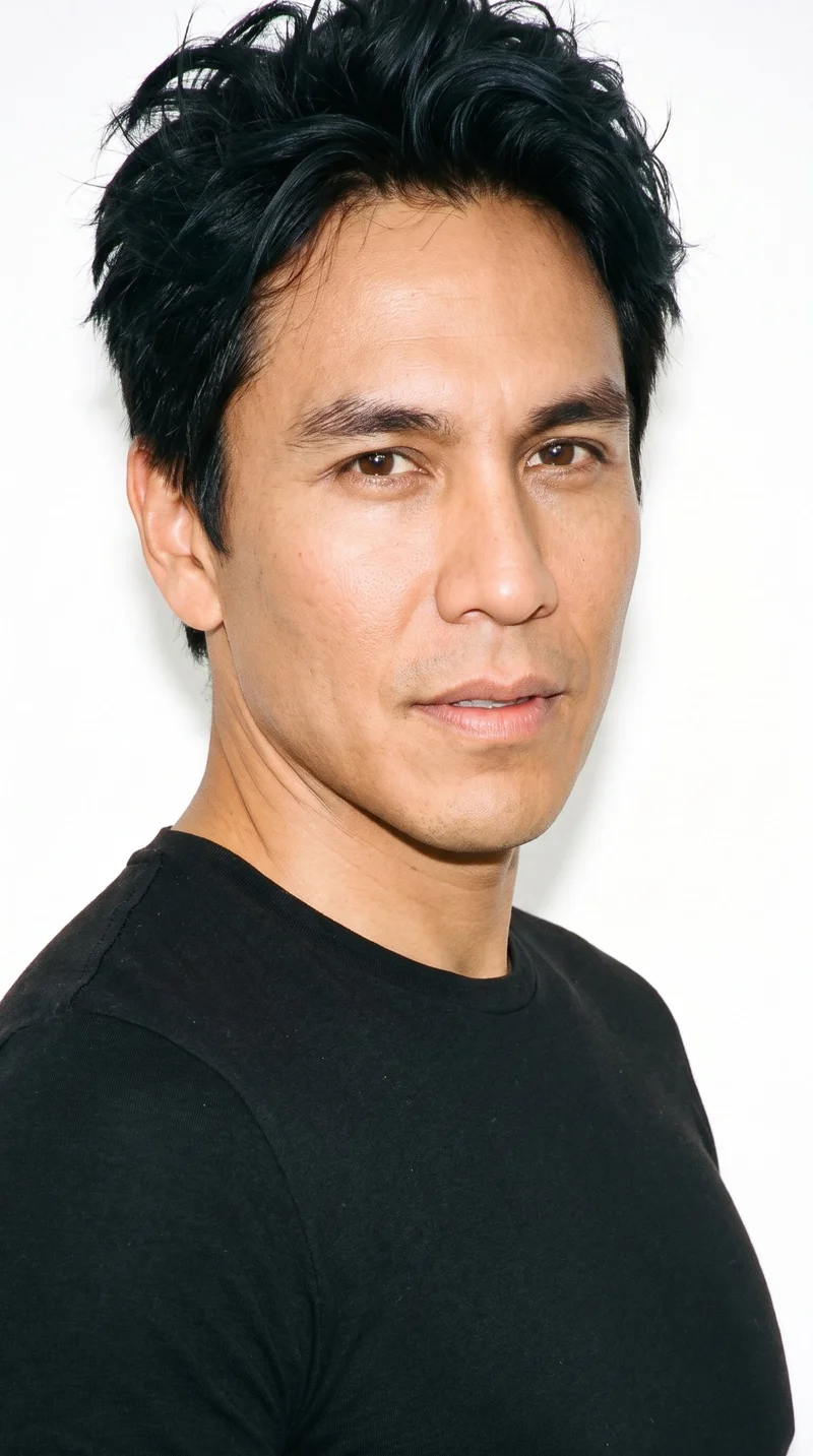 A 42-year-old Indigenous American man with honey-toned skin and a neutral undertone. His face has balanced oval proportions with a softly rounded jaw, medium-thickness eyebrows, medium lips, and very dark, near-black eyes. His deep black hair is tousled, with loosely styled texture and natural movement. He is clean-shaven, with a smooth face.