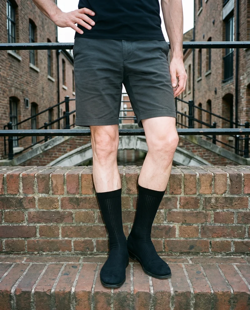 Men's Black Crew Socks, Lower body at Side, Natural E-Commerce lighting