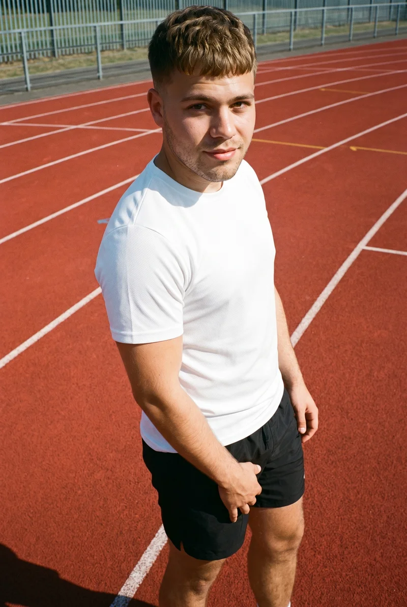 A 21-year-old Hispanic man wears a white mesh performance top in a three-quarter-length front view. He is smiling and posed with a waist twist against a running track backdrop.