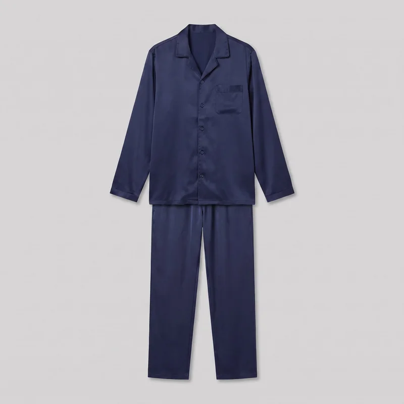 A complete men's satin pajama set is shown from the front against a plain backdrop. The matching set includes a long-sleeve button-front shirt with a notched open collar, five visible buttons, a banded chest pocket, cuffed sleeves, and tonal piping along the edges, paired with full-length straight-leg pants with plain hems.
