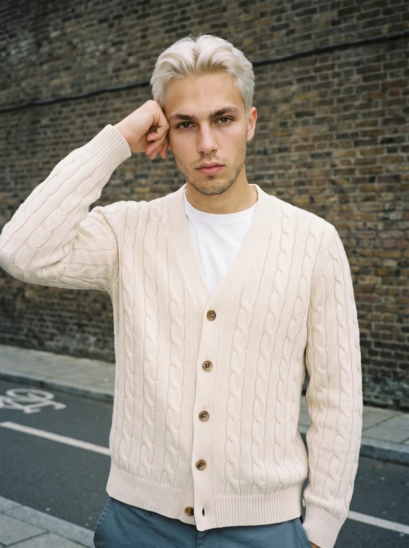 An 18-year-old Caucasian man is shown from the front in an upper-body view, wearing a cream cable-knit cardigan. He poses with one hand at his temple and a confident expression. A bicycle lane serves as the backdrop.