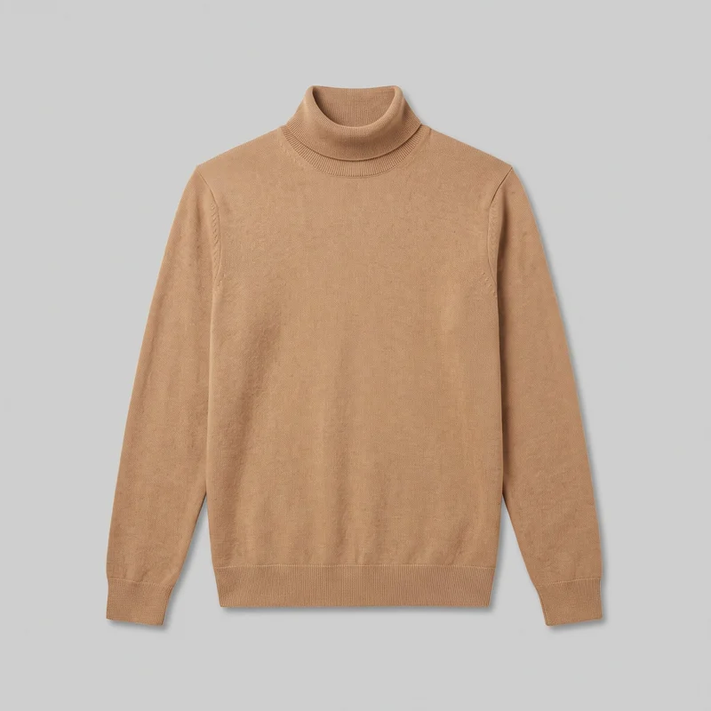 A camel-colored men's roll-neck knit sweater is laid flat in a standalone front view. It has a straight regular silhouette, set-in shoulders, long sleeves, a folded ribbed turtleneck, ribbed cuffs, and a ribbed bottom hem. The fine-knit body and sleeves show shoulder and armhole seams, with no visible closures, pockets, logos, prints, or embellishments.
