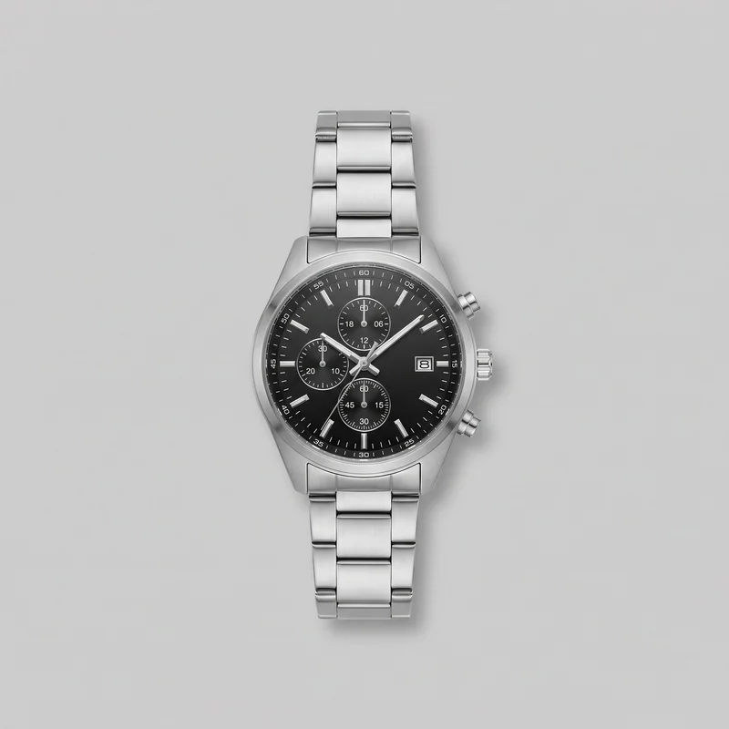 A silver men's wristwatch is shown in a mostly complete front-facing view against an unspecified backdrop. It has a round case, smooth bezel, integrated three-piece link bracelet, chronograph dial with three recessed subdials, baton hour markers, an outer minute-and-seconds track, central hour and minute hands, slim chronograph hands, and a framed date window at 3 o'clock. The right side includes a ridged crown and two cylindrical pushers, with bracelet sections visible above and below the case.