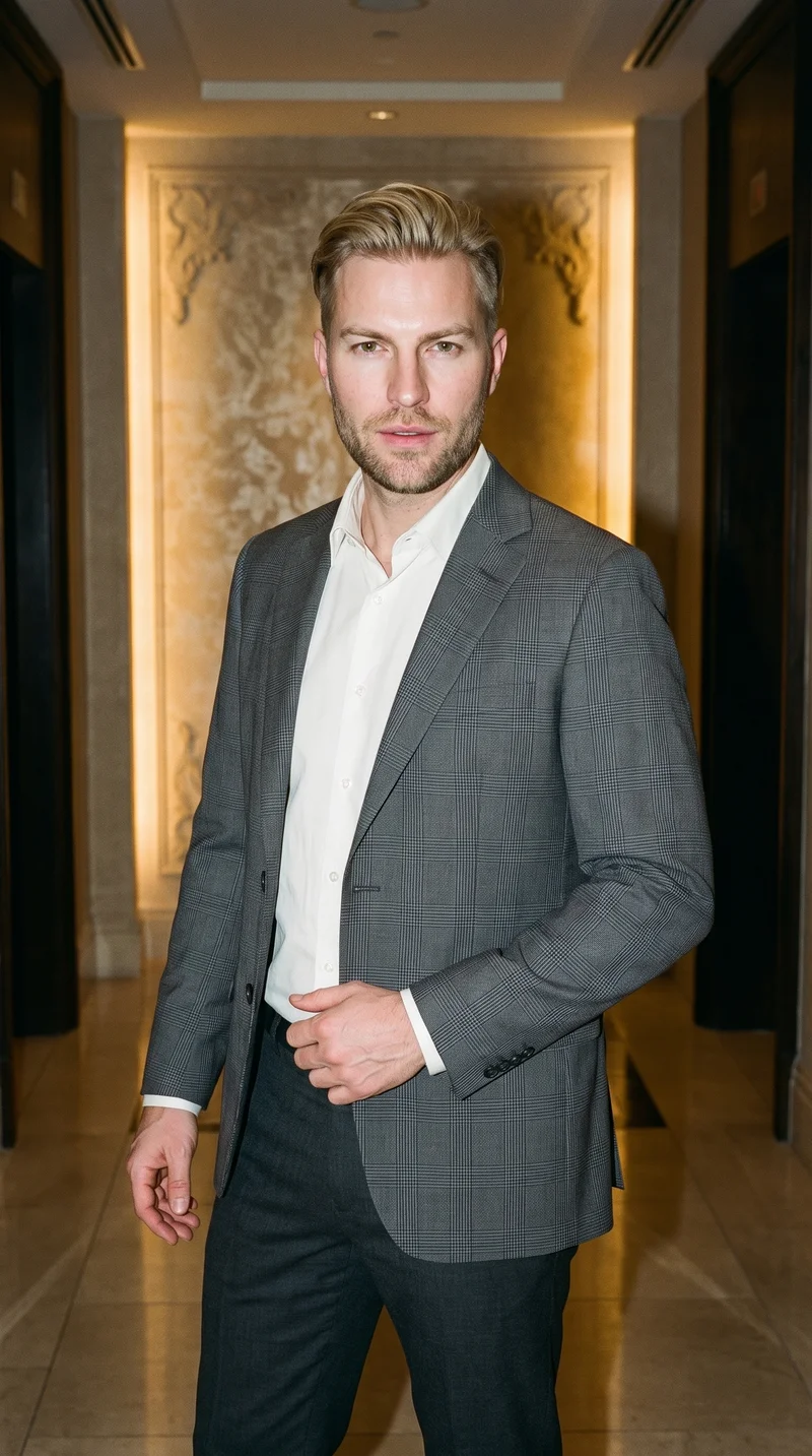 A 45-year-old Caucasian man wears a men's grey checked blazer, shown in a three-quarter-length front view at a front three-quarter angle with his weight positioned back and a fierce expression. A hotel lobby serves as the backdrop.