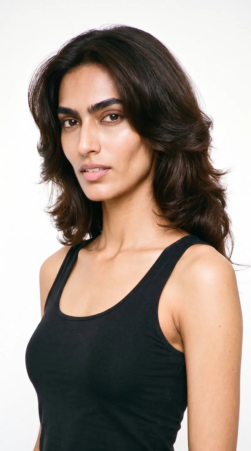 A 20-year-old Indian woman with a warm honey skin tone and golden undertone has an angular face with sharp, defined cheekbones and jawline. Her thick eyebrows frame very dark, near-black eyes, and she has medium-sized lips. Her dark-brown hair is styled in a voluminous nineties blowout, with layers blown outward and fullness at the crown and sides.