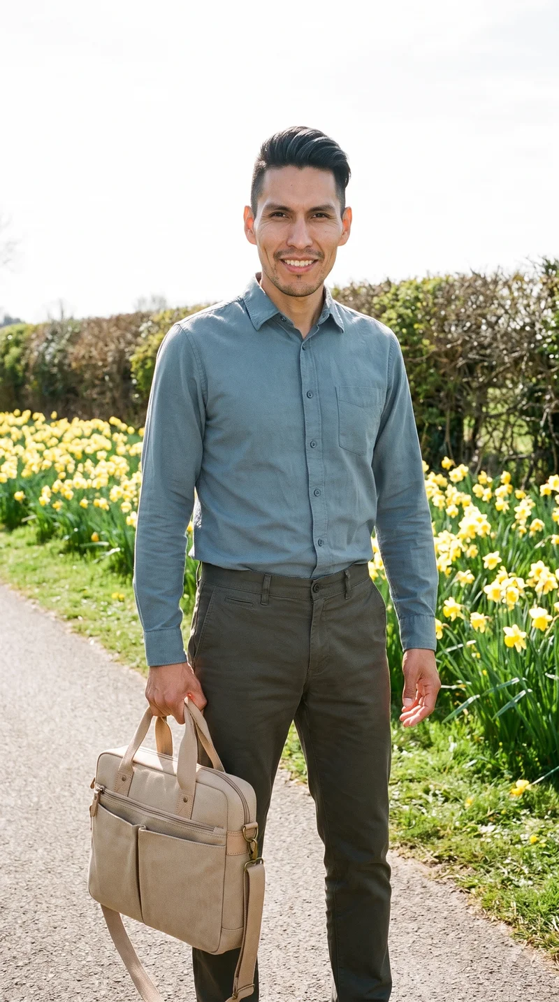 A 34-year-old Indigenous American man is shown from the front in a three-quarter-length view, smiling with a beige canvas crossbody bag positioned at his waist. A daffodil field forms the backdrop.