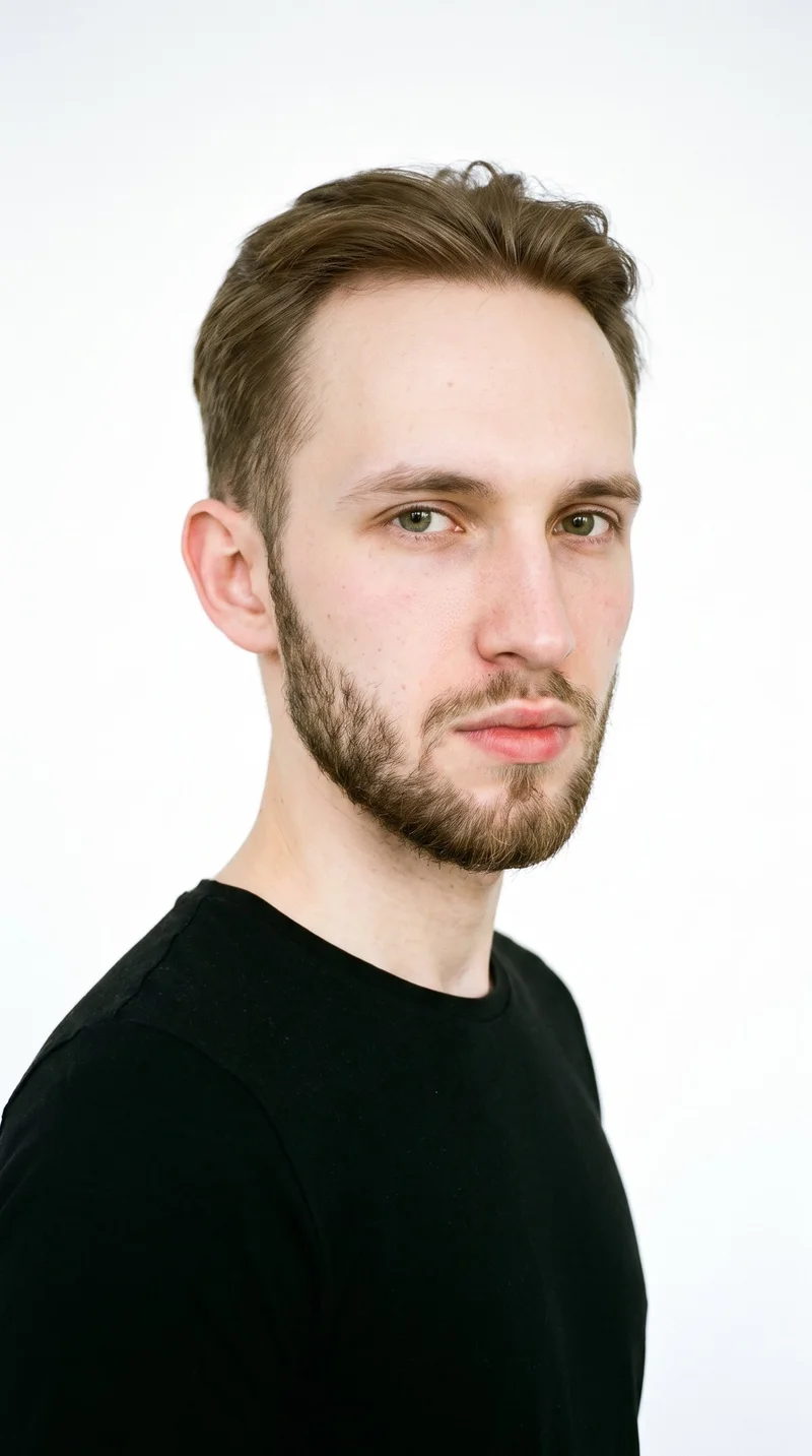 A 20-year-old Slavic man with very pale skin and a neutral undertone has a long face, a tall forehead, and elongated cheeks. His medium-thickness eyebrows frame green eyes, and he has full lips. His light-brown hair is tapered, gradually shortening at the sides and neckline while retaining length on top. A short boxed beard with defined edges follows his cheeks and jaw.
