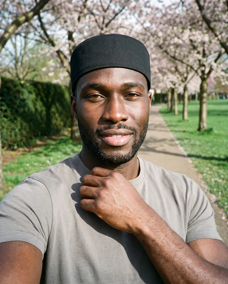 A 25-year-old African man wears a black cotton kufi in a front-facing selfie, with one hand resting at his collarbone and a neutral expression. A Cherry Blossom Park backdrop is visible behind him.